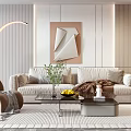 Luxury Modern Sofa and Coffee Table Set With Throw Pillows Fruit Bowl And Floor Lamp