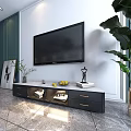 Modern Dark TV Stand with Marble Top Wall Mounted TV Green Plant and Decorative Figurine
