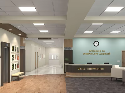 Hospital Lobby Interior With Visitor Information Desk Clock Display Rack And Seats 3d model