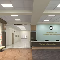 Hospital Lobby Interior With Visitor Information Desk Clock Display Rack And Seats
