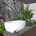 Modern Bathroom Interior Featuring White Bathtub Rock Wall Green Plants And Wooden Floor