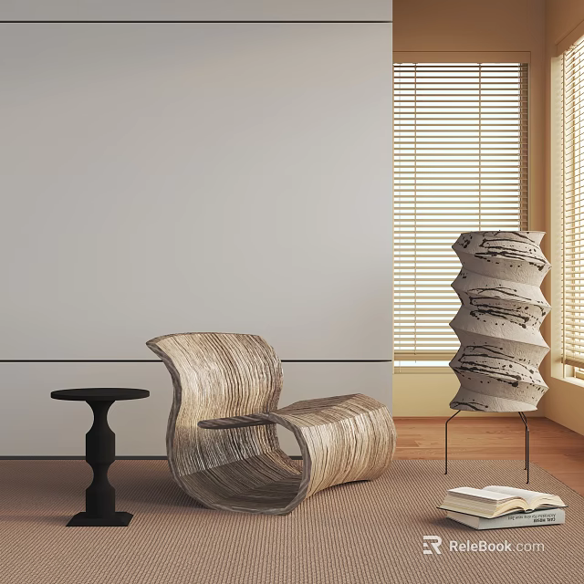 Curved Wooden Leisure Chair with Round Side Table and Stacked Decorative Column near Window Blinds 3d model 
