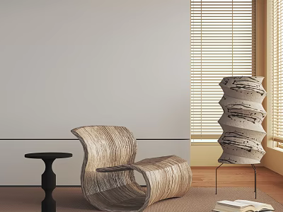 Curved Wooden Leisure Chair with Round Side Table and Stacked Decorative Column near Window Blinds 3d model