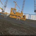 Construction Site With Yellow Bulldozer Cranes Workers Blue Container Buildings And Gravel Ground