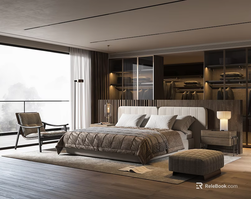 Modern Bedroom Interior Design With Large Bed Armchair Glass Wardrobe And Floor to Ceiling Window 3d model 