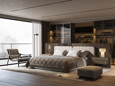 Modern Bedroom Interior Design With Large Bed Armchair Glass Wardrobe And Floor to Ceiling Window 3d model