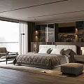 Modern Bedroom Interior Design With Large Bed Armchair Glass Wardrobe And Floor to Ceiling Window
