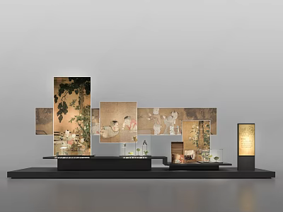 Modern Decorative Display Shelf with Art Paintings Small Plants and Warm Lighting 3d model