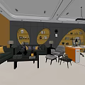 Modern Office Interior With Comfortable Sofa Circular Bookshelves And Work Desks 3d model