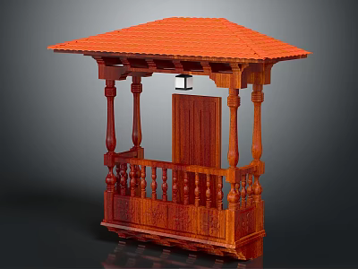 Wooden Pavilion With Red Tiled Roof Wooden Columns Carved Railings And Door 3d model