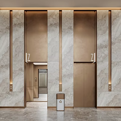 Elegant Modern Elevator Lobby With Marble Walls And Warm Lighting 3d model