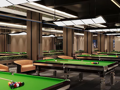 Modern Billiard Room With Tables Sofas And Lighting 3d model