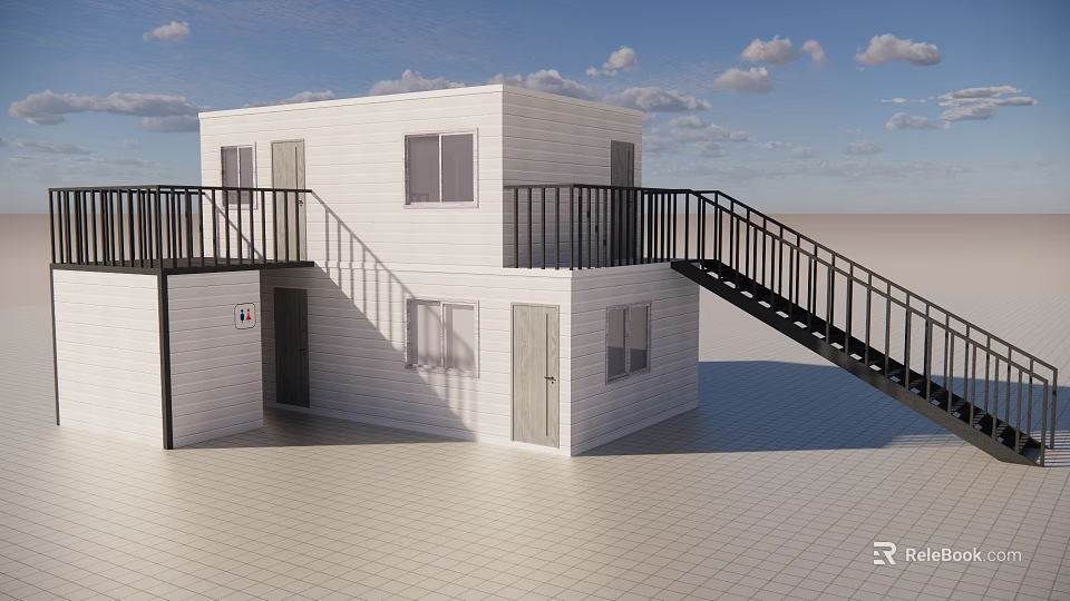 Modern Modular Office Building Two Story Structure With White Exterior Black Railings Balcony And Staircase 3d model 