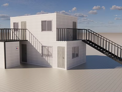 Modern Modular Office Building Two Story Structure With White Exterior Black Railings Balcony And Staircase 3d model