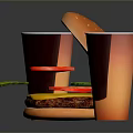 Delicious Hamburger with Fresh Bun Tomato and Cucumber Slices and Cold Drinks