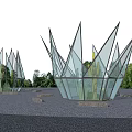Modern Garden Art Installations With Metal Glass Frames Cacti Trees Gravel Ground And People