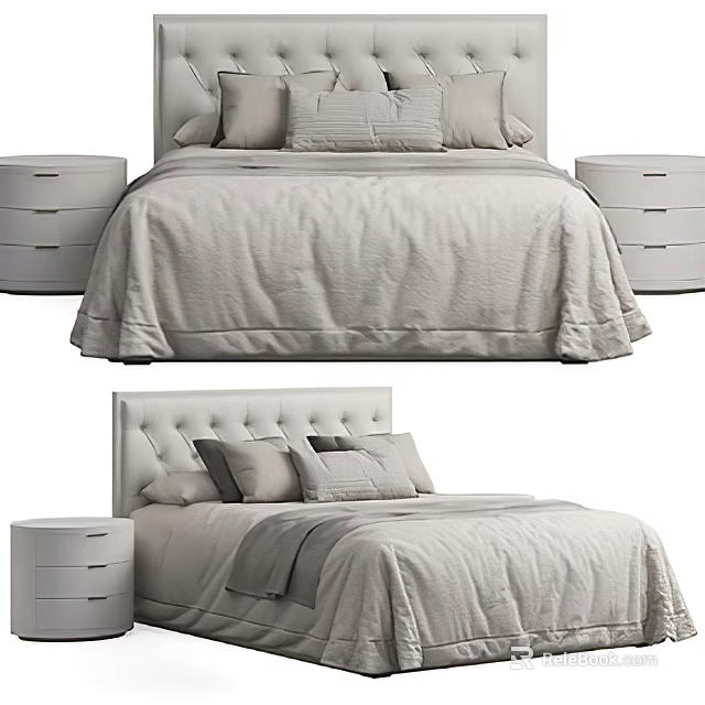 Modern Double Bed With Tufted Headboard Nightstands And Soft Linen Bedding 3d model 