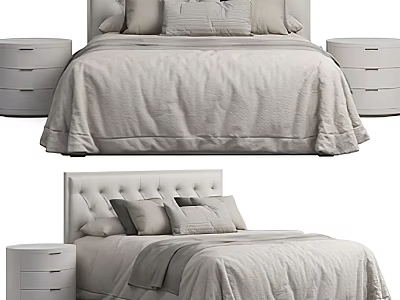Modern Double Bed With Tufted Headboard Nightstands And Soft Linen Bedding 3d model
