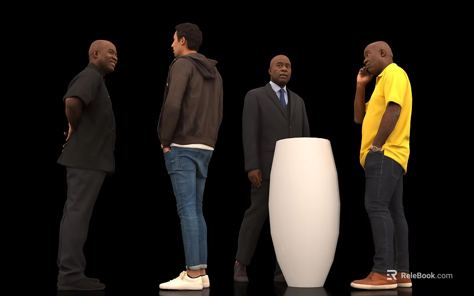 Group of Four Men Standing Around Large White Decorative Vase in Black Background 3d model 