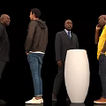 Group of Four Men Standing Around Large White Decorative Vase in Black Background