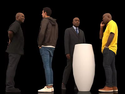 Group of Four Men Standing Around Large White Decorative Vase in Black Background 3d model