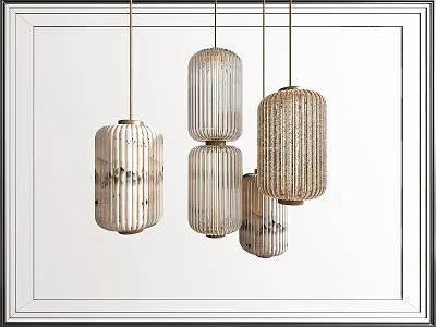 Hanging Lanterns Design With Striped Woven Beige Natural Multiple Decor Elements 3d model