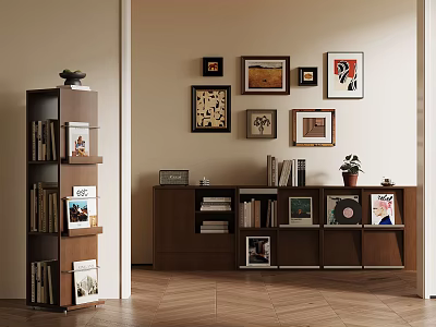 Cozy Home Office With Wooden Bookcase Wall Art Frames And Decorative Items 3d model
