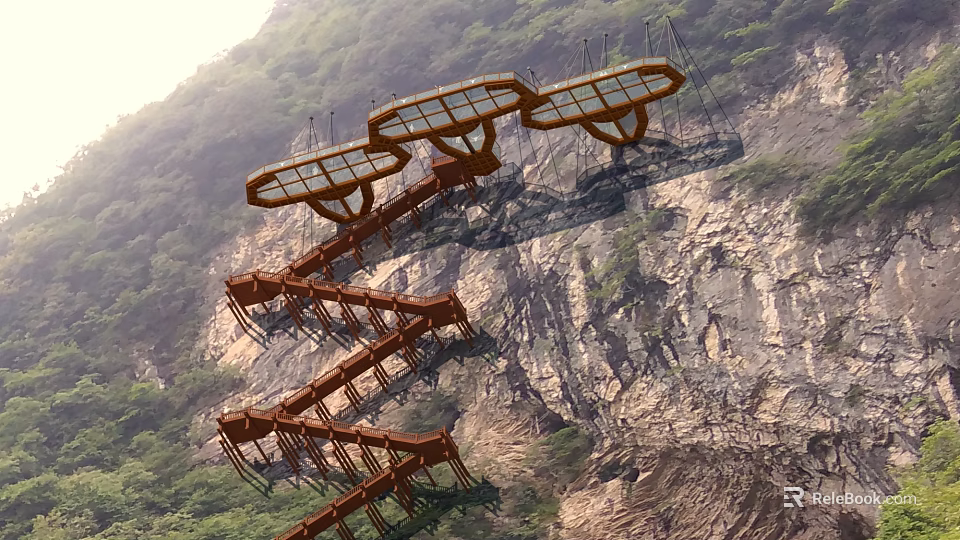 Cliffside Road Facilities With Glass Viewing Platforms And Wooden Staircases In Mountainous Area 3d model 