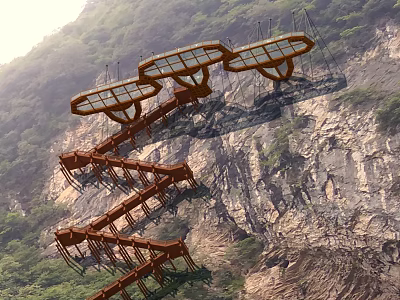 Cliffside Road Facilities With Glass Viewing Platforms And Wooden Staircases In Mountainous Area 3d model