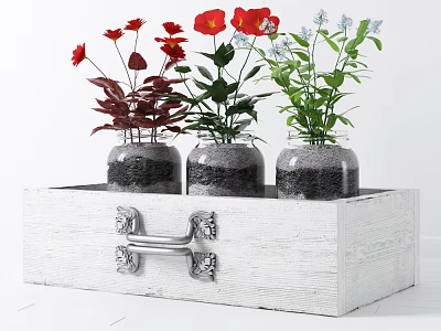 Glass Vases With Red Blue Flowers Green Leaves And Black Sand In White Wooden Box 3d model