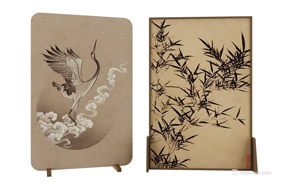 Chinese Traditional Decorative Screen Featuring Crane Cloud and Bamboo Patterns 3d model