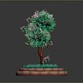 Ornamental Potted Plant With Green Leaves Pink Flowers Brown Trunk And Circular Brick Planter