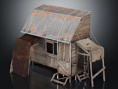 Weathered Wooden House Featuring Rusty Corrugated Iron Roof Cloth Curtain And Wooden Ladder Structure 3d model