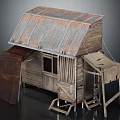 Weathered Wooden House Featuring Rusty Corrugated Iron Roof Cloth Curtain And Wooden Ladder Structure