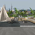 Cozy Roof Garden With White Tent Table Chairs Green Plants And City View