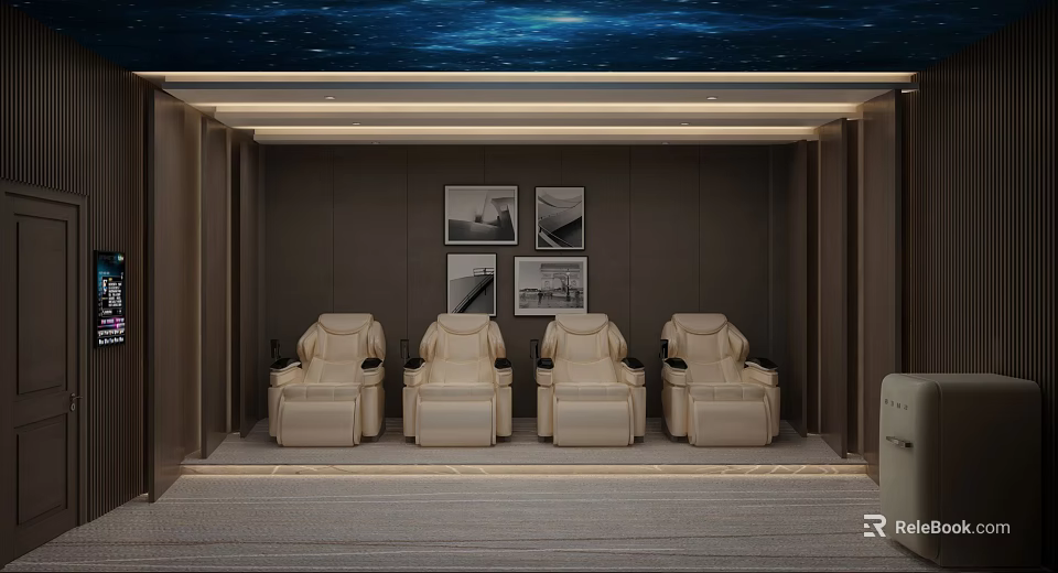 Modern Home Theater With Beige Recliner Chairs Starry Ceiling And Framed Artworks 3d model 