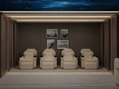 Modern Home Theater With Beige Recliner Chairs Starry Ceiling And Framed Artworks 3d model