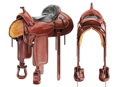 Dual View Brown Leather Horse Saddle Featuring Black Seat And Adjustable Straps 3d model