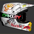 White Motorcycle Helmet With Red Bull Fox Logos Black Goggles And Racing Graphics