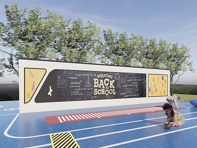School Welcome Feature Wall With Chalkboard Design Colorful Graphics And Trees 3d model