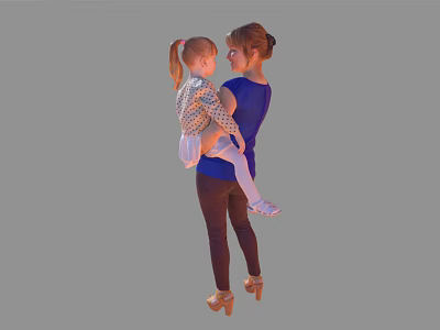 Woman In Blue Top Holding Child With Patterned Shirt And White Pants 3d model Woman In Blue Top Holding Child With Patterned Shirt And White Pants 3d model