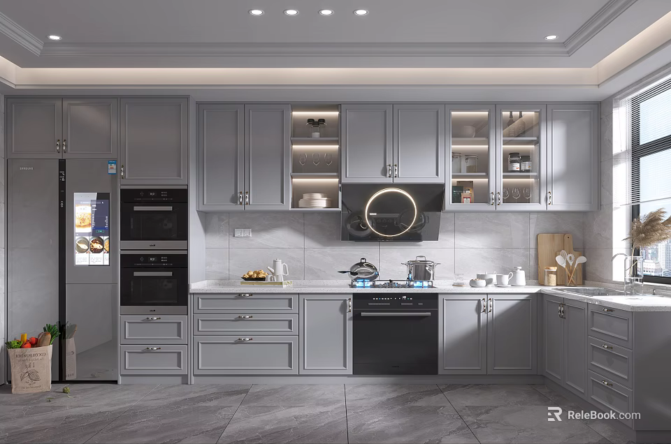 Modern Gray Kitchen Interior Design With Built in Appliances And White Countertop 3d model 
