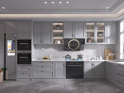Modern Gray Kitchen Interior Design With Built in Appliances And White Countertop 3d model
