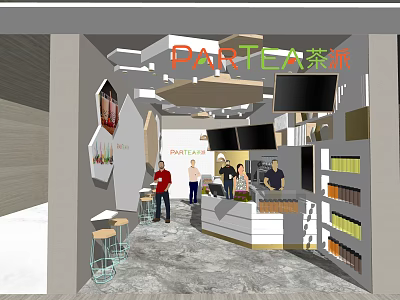 Modern Bubble Tea Shop Interior With Customers Counter Seating And Drinks 3d model