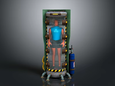 Green Vertical Industrial Device With Human Figure Blue Cylinder And Warning Stripes 3d model