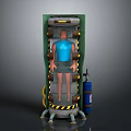 Green Vertical Industrial Device With Human Figure Blue Cylinder And Warning Stripes