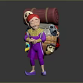 Red Haired Cartoon Character In Purple Outfit Carrying Rolled Blanket And Creature Mask