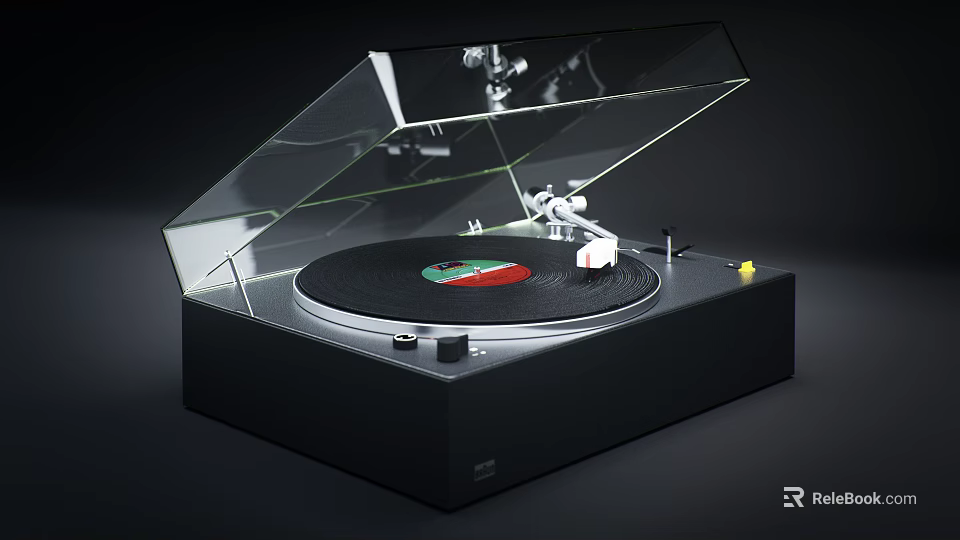 Sleek Modern Vinyl Turntable Audio System With Transparent Cover And Vinyl Record 3d model 