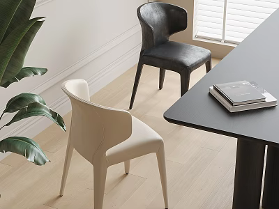Modern Dining Chairs In White And Black With Wooden Table And Green Plant Near Window 3d model