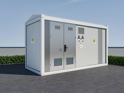 White Container Style Public Utility Outdoor Equipment Facility With Metal Doors And Warning Signs 3d model
